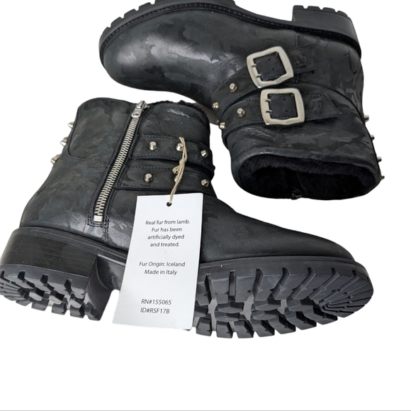 ROSS & SNOW STEFANA BLACK CAMO LEATHER MOTO BOOT SHEARLING ITALY.. Size..8.5 - Picture 3 of 9